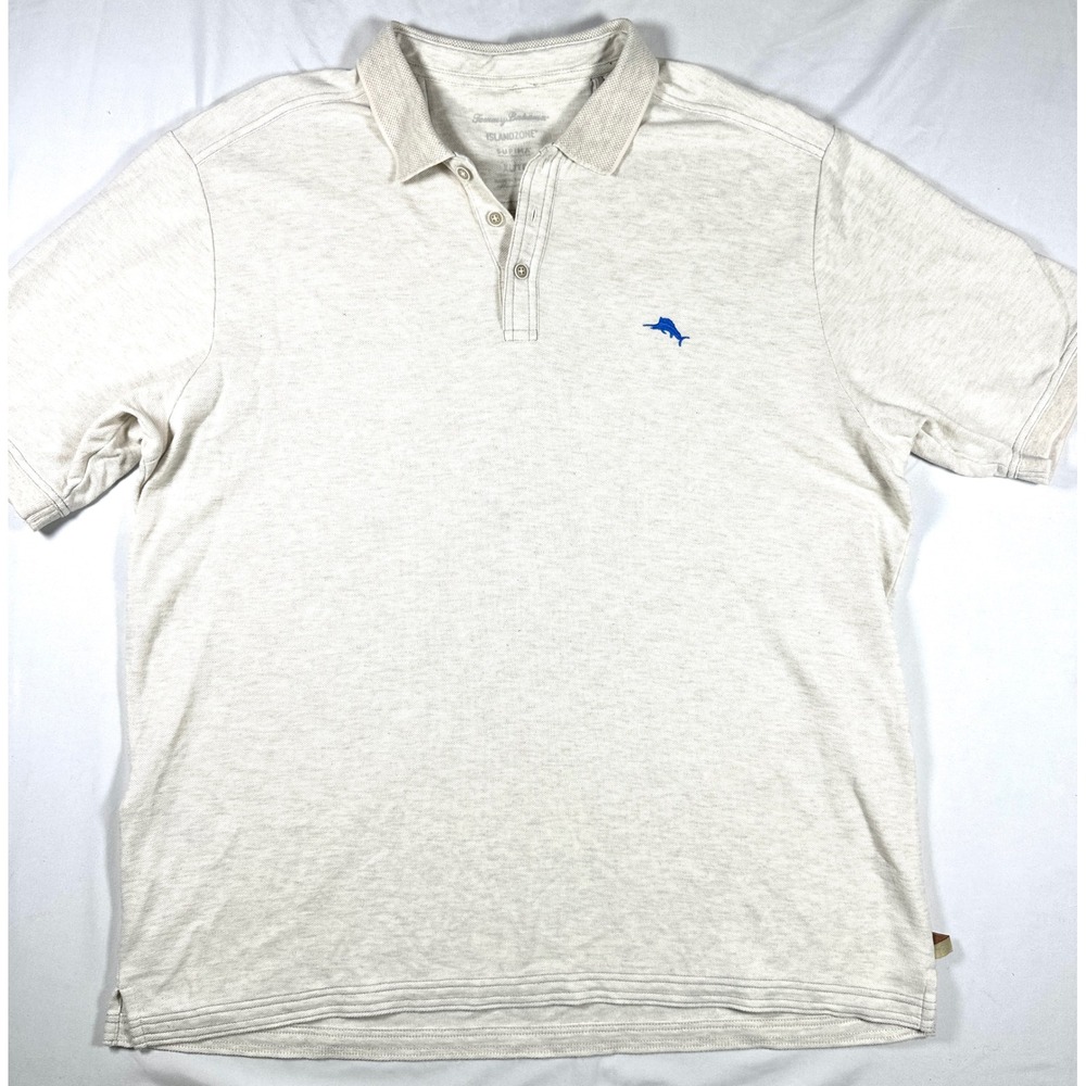 Tommy Bahama IslandZone Supima Polo Shirt Mens XL Oatmeal Heather Blue Marlin